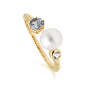 Anello Aperto moderno con perla, acquamarina e topazio in argento sterling placcato oro