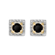 Orecchini a bottone classici in onice nero in oro giallo 375 e rivestimento per l'orecchio con diamanti quadrati