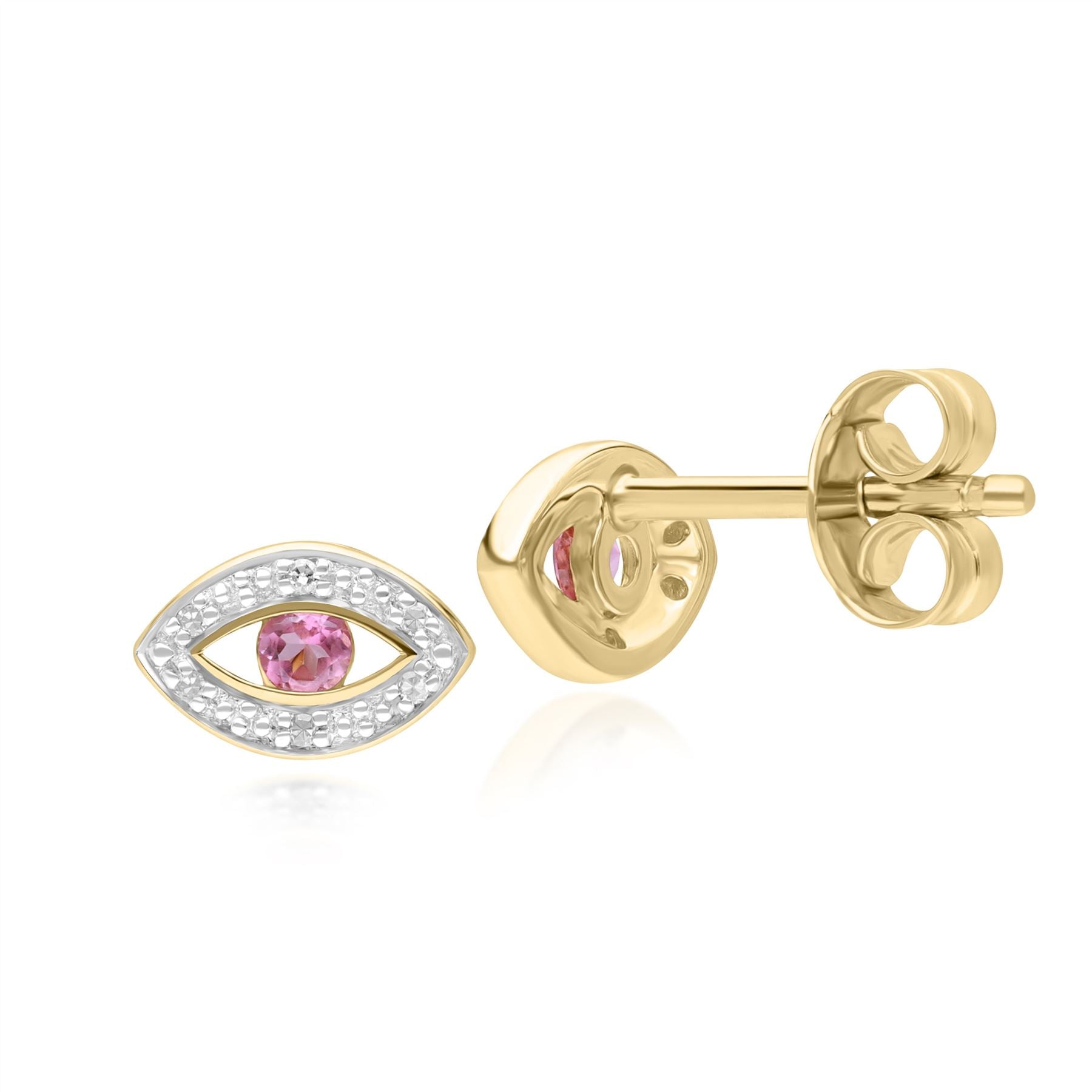 ECFEW™ Delicati Orecchini Evil Eye con tormalina rosa e diamanti in oro giallo da 9 carati