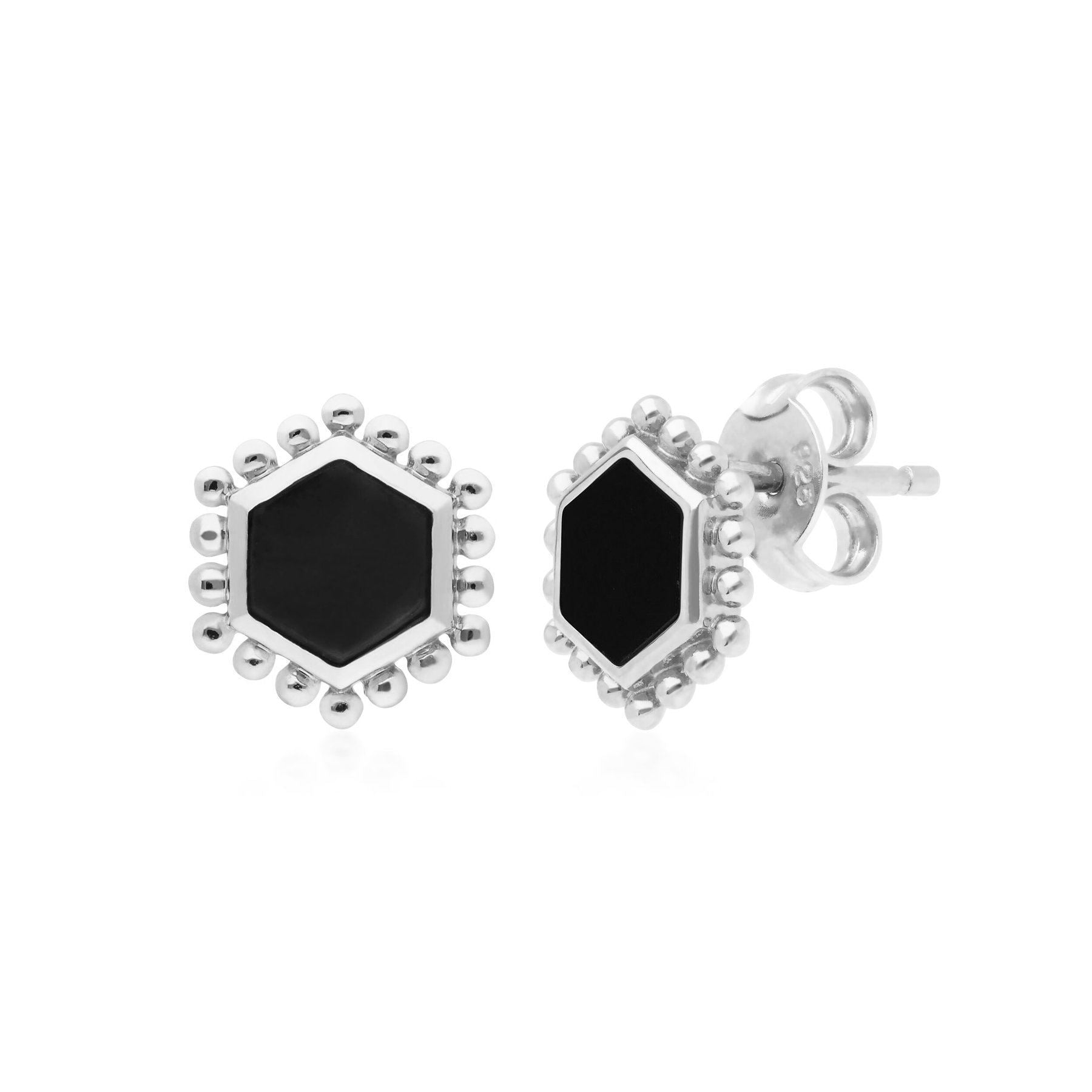 Black Onyx Flat Slice Hex Stud Earrings in Sterling Silver