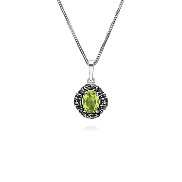 Collana in argento sterling con peridoto ovale e marcasite da 45 cm