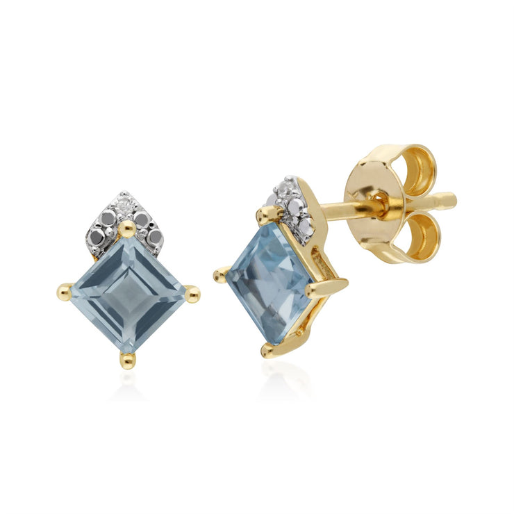 Orecchini a lobo con topazio azzurro in oro giallo da 9ct e diamanti quadrati