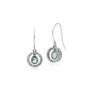 s Orecchini pendenti rotondi in marcasite con gocce d'acqua in argento sterling, topazio azzurro