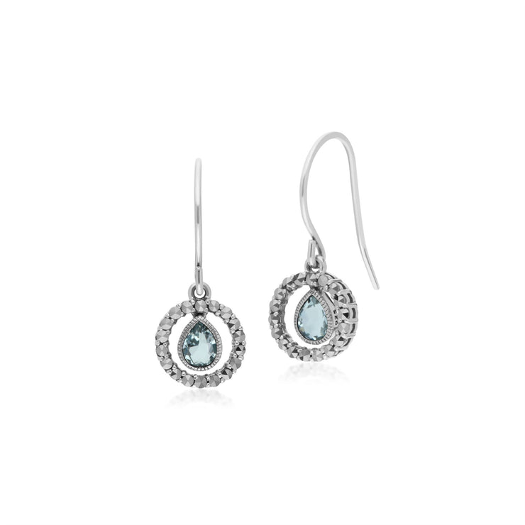 s Orecchini pendenti rotondi in marcasite con gocce d'acqua in argento sterling, topazio azzurro