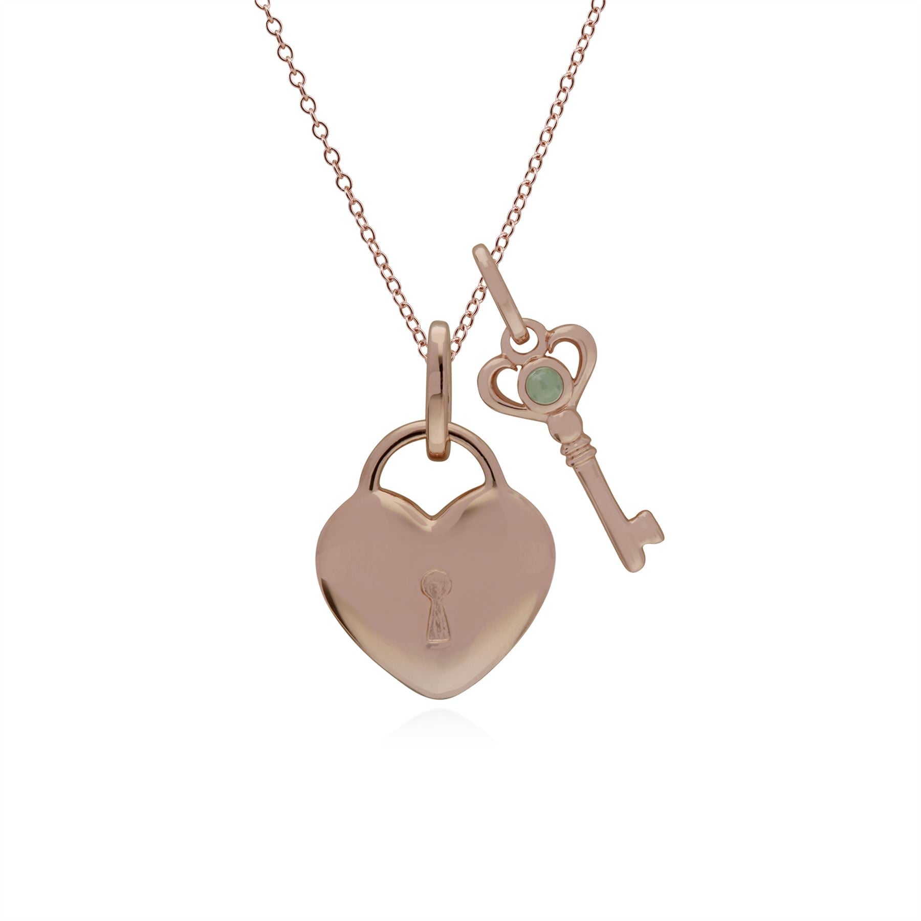 Ciondolo classico con lucchetto a cuore in argento 925 placcato oro rosa e ciondoli con chiave in giada