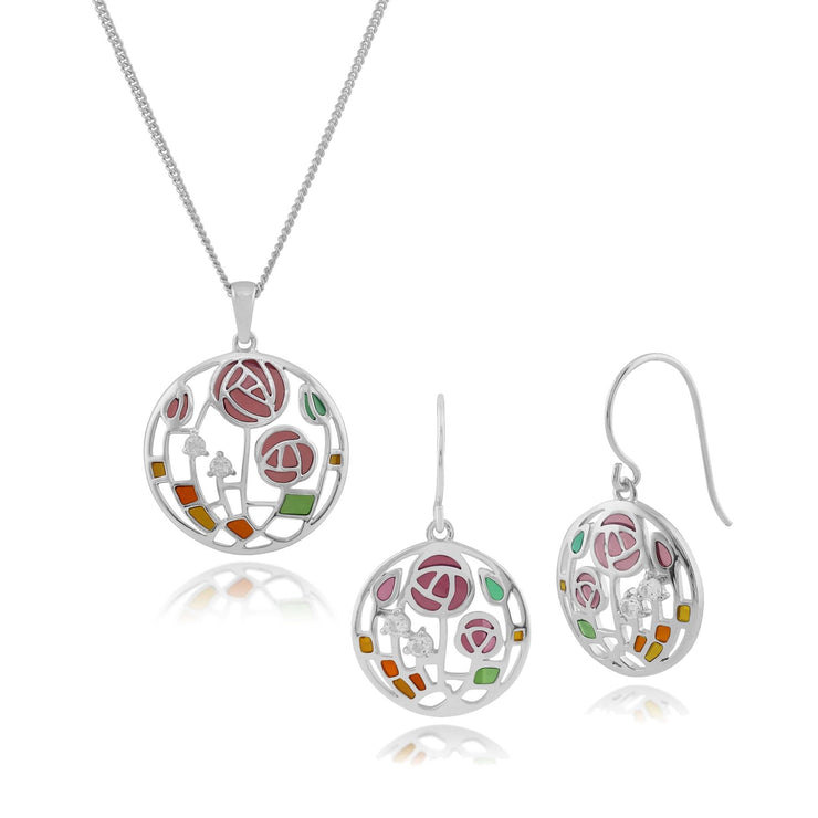Collana e Orecchini Pendenti Rotondi Stile Rennie Mackintosh Argento 925 con Topazio e Smalto Stile Rosa Glasgow