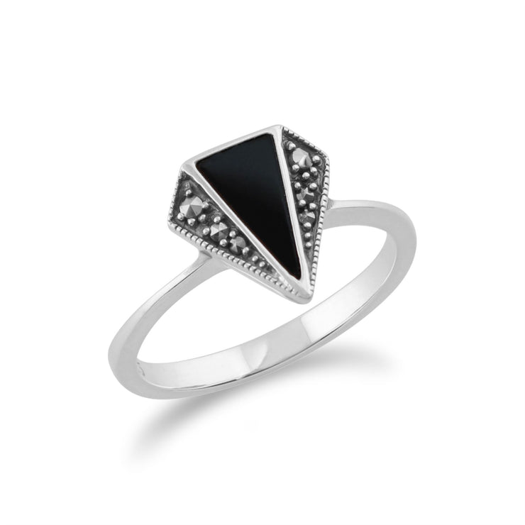 Anello Art Déco Gemondo in argento sterling 925 da 0,5 ct con onice nero e marcasite