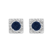 Orecchini classici con zaffiro blu in oro bianco 375 e rivestimento auricolare quadrato con diamanti