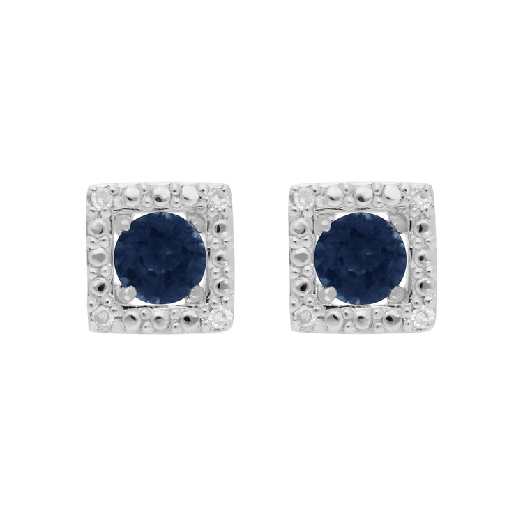 Orecchini classici con zaffiro blu in oro bianco 375 e rivestimento auricolare quadrato con diamanti