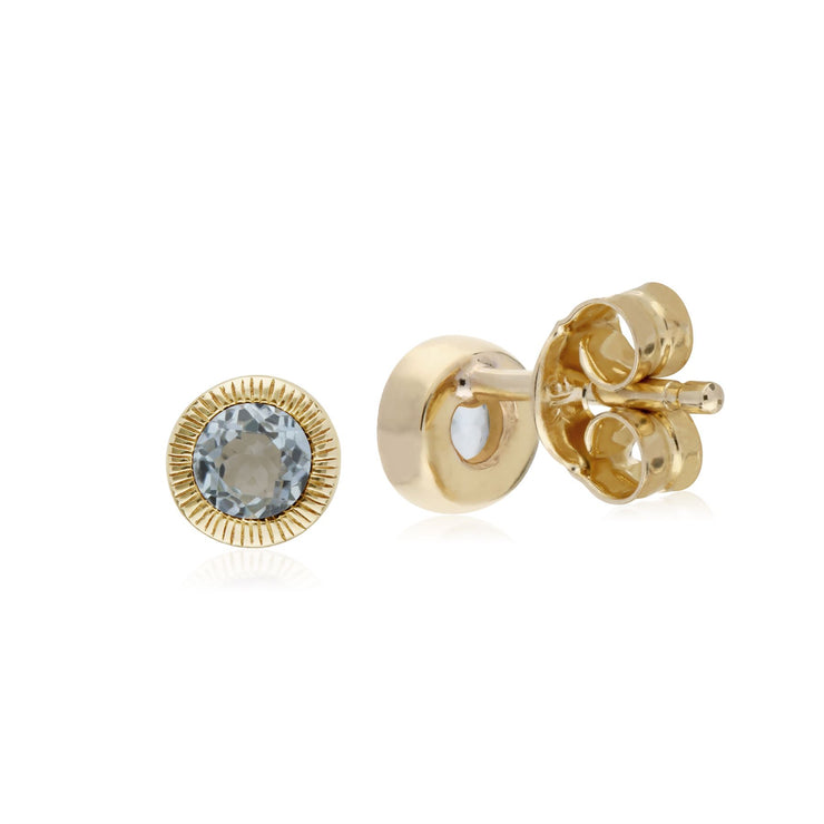 Orecchini a lobo con topazio azzurro, rotondi Milgrain con pietra topazio azzurro singolo in oro giallo da 9 ct