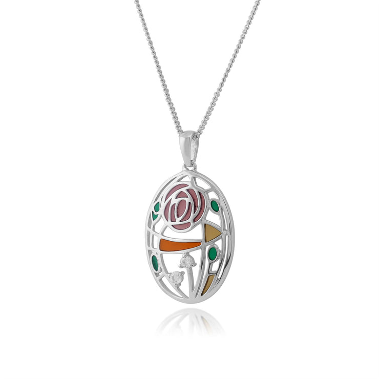 Collana e Orecchini Pendenti Ovali Stile Rennie Mackintosh Argento 925 Topazio e Smalto Stile Rosa Glasgow