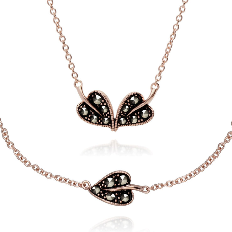 Bracciale e collana in foglia d'argento 925 placcata oro rosa Marcasite