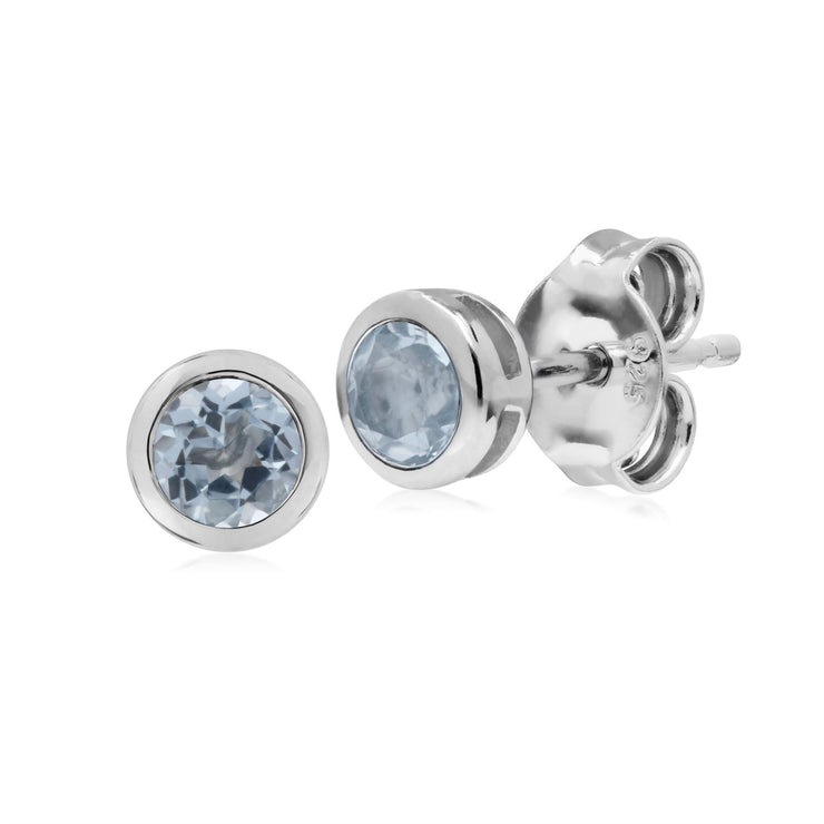 Orecchini con topazio blu rotondi Chaton semplici in argento sterling