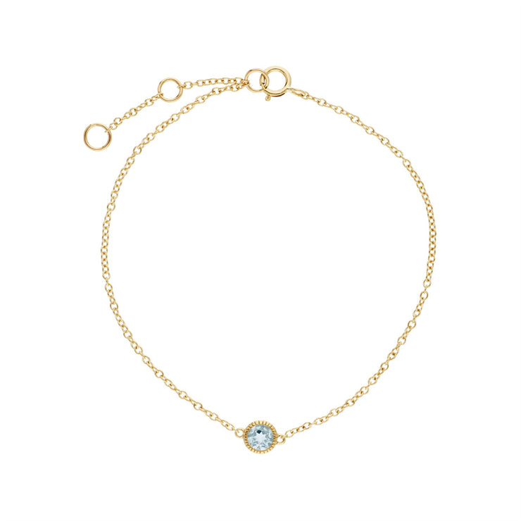Bracciale con acquamarina, bracciale con pietra singola rotonda Milgrain in oro giallo da 9 ct. Bracciale da 19 cm