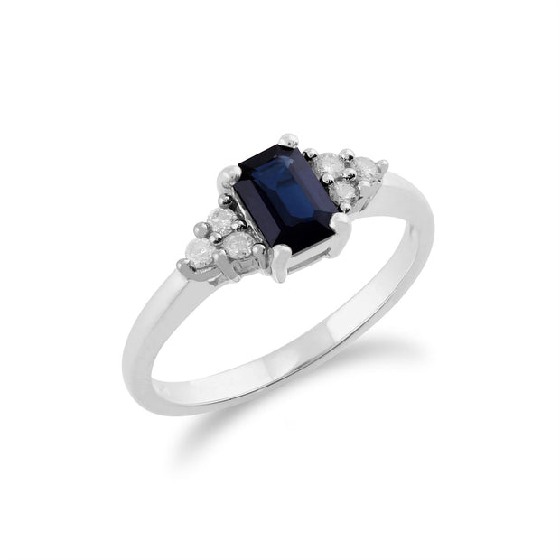 Anello Classico Oro Bianco 375 Zaffiro Ottagonale e Diamante