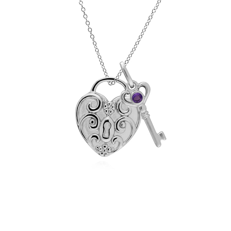 Ciondolo classico con lucchetto a cuore intrecciato in argento 925 e ciondoli chiave in ametista