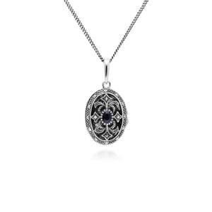 Art Nouveau Style Oval Sapphire & Marcasite Locket Necklace 