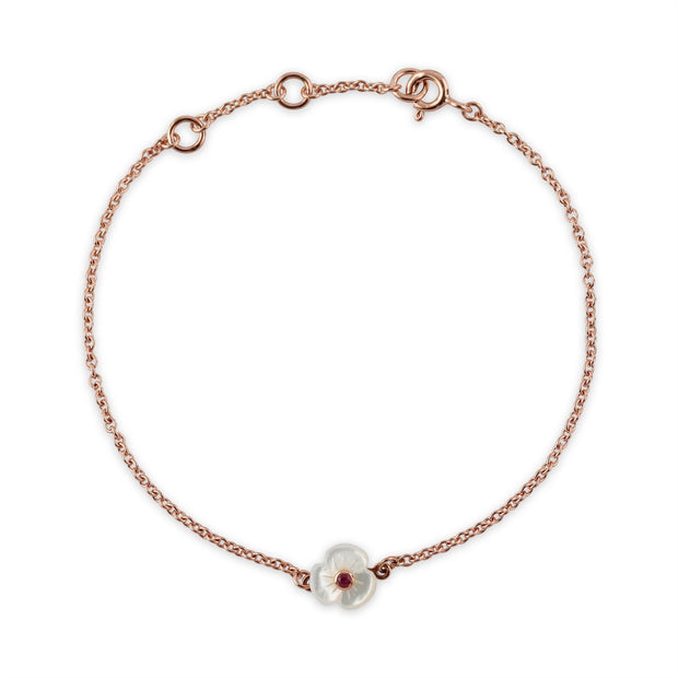 Bracciale Floreale Poppy Argento 925 Placcato Oro Rosa Madreperla e Rubino