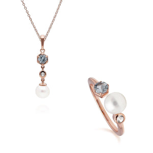 Modern Pearl, Aquamarine & Topaz Pendant & Ring Set in Rose Gold Plated Sterling Silver