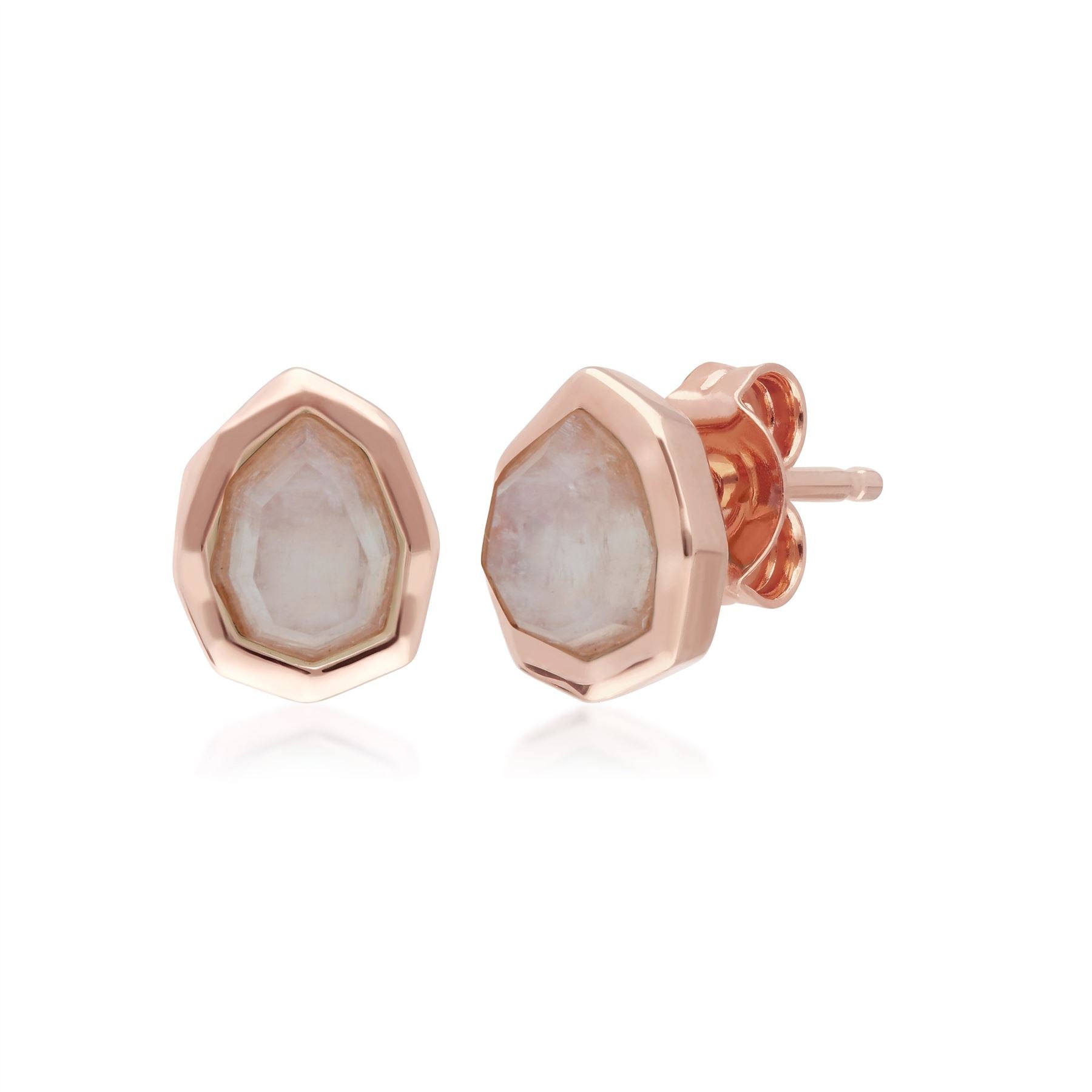 Irregular B Gem Rainbow Moonstone Stud Earrings in Rose Gold Sterling Silver