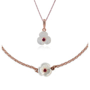 Bracciale e pendente a perno floreale con margherita Argento 925 placcato oro rosa Rubino e madreperla