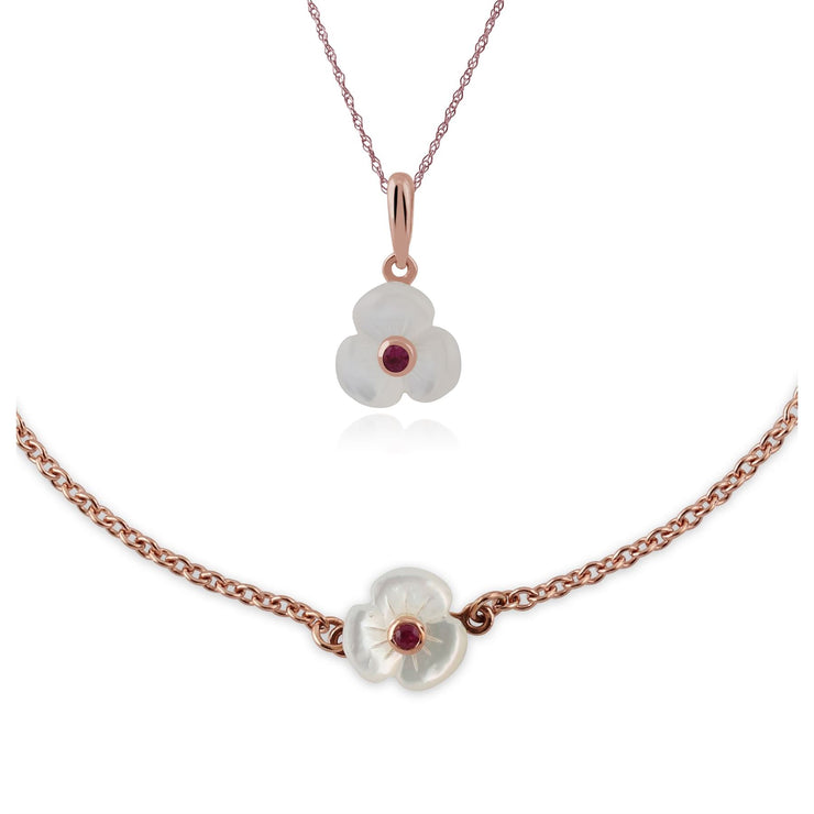 Bracciale e pendente a perno floreale con margherita Argento 925 placcato oro rosa Rubino e madreperla