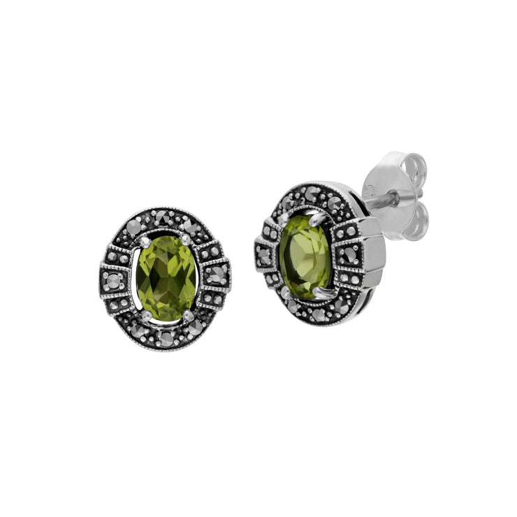 Bracciale e orecchini a lobo ovali con peridoto e marcasite in argento sterling 925 in stile Art Déco