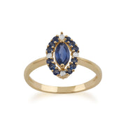 Anello in oro giallo da 9 ct con zaffiro blu naturale da 0,63 ct e molti diamanti da 1,6 pt