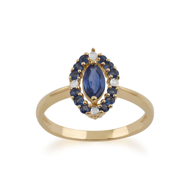 Anello in oro giallo da 9 ct con zaffiro blu naturale da 0,63 ct e molti diamanti da 1,6 pt