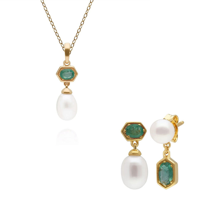 Ciondolo e orecchini di perle moderne Argento 925 placcato oro Smeraldo e perla
