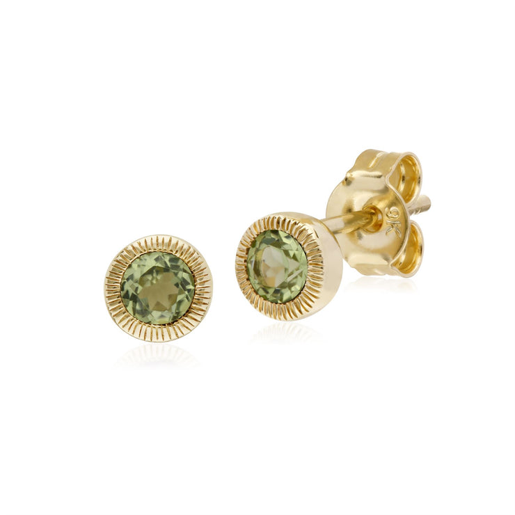 Orecchini con peridoto, orecchini Milgrain rotondi singoli con pietra di peridoto in oro giallo da 9 ct