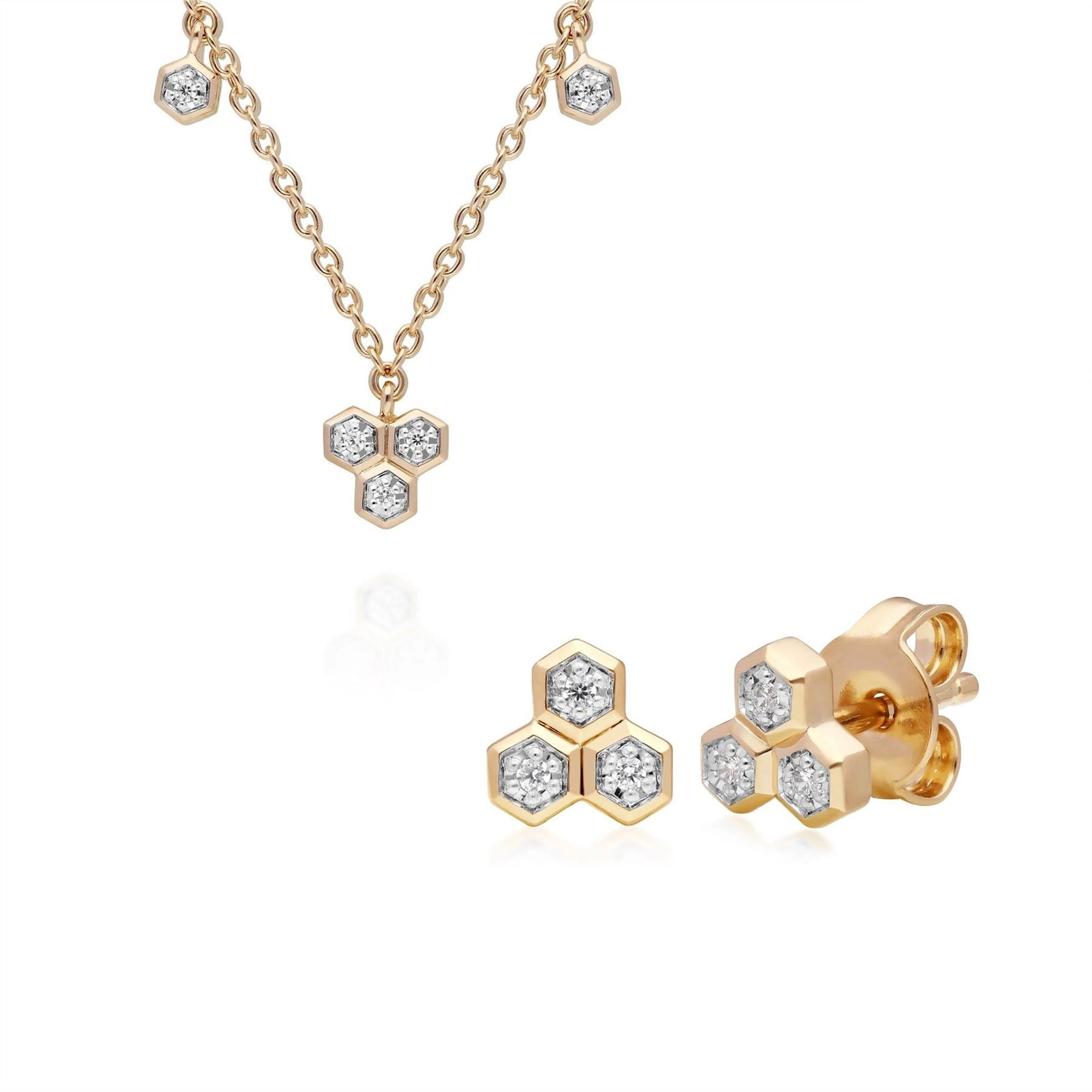 Diamond Trilogy Necklace & Stud Earring Set in 9ct Yellow Gold