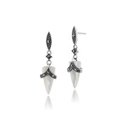 Orecchini pendenti e pendenti in stile Art Déco in argento 925 con cabochon in madreperla e marcasite