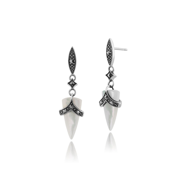 Orecchini pendenti e pendenti in stile Art Déco in argento 925 con cabochon in madreperla e marcasite