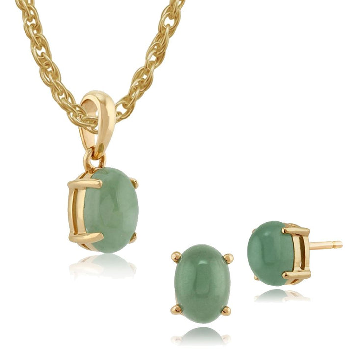 Classico pendente in giada verde rotonda in oro giallo 375 e orecchini a bottone