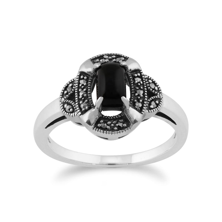 Gemondo Anello Art Déco, Argento sterling 925 da 0,50 ct Anello Art Déco con onice nero e marcasite