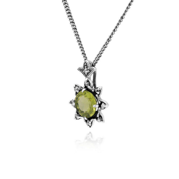 Collana floreale in argento 925 con peridoto rotondo e marcasite