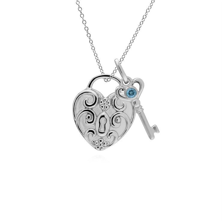 Ciondolo classico con lucchetto a cuore intrecciato in argento 925 e ciondoli chiave in topazio azzurro