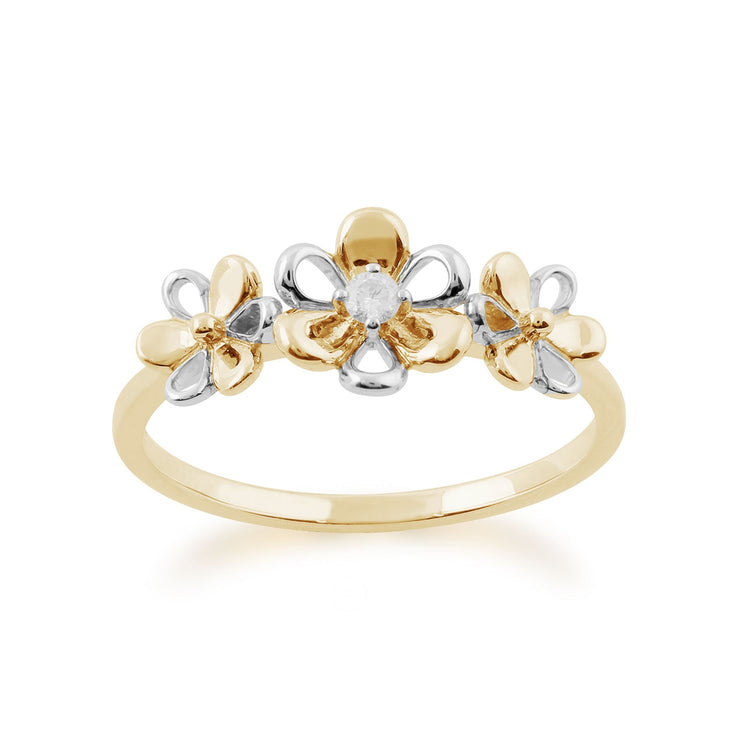 Anello Gemondo con tre fiori in oro giallo da 9 ct e diamanti da 0,03 ct
