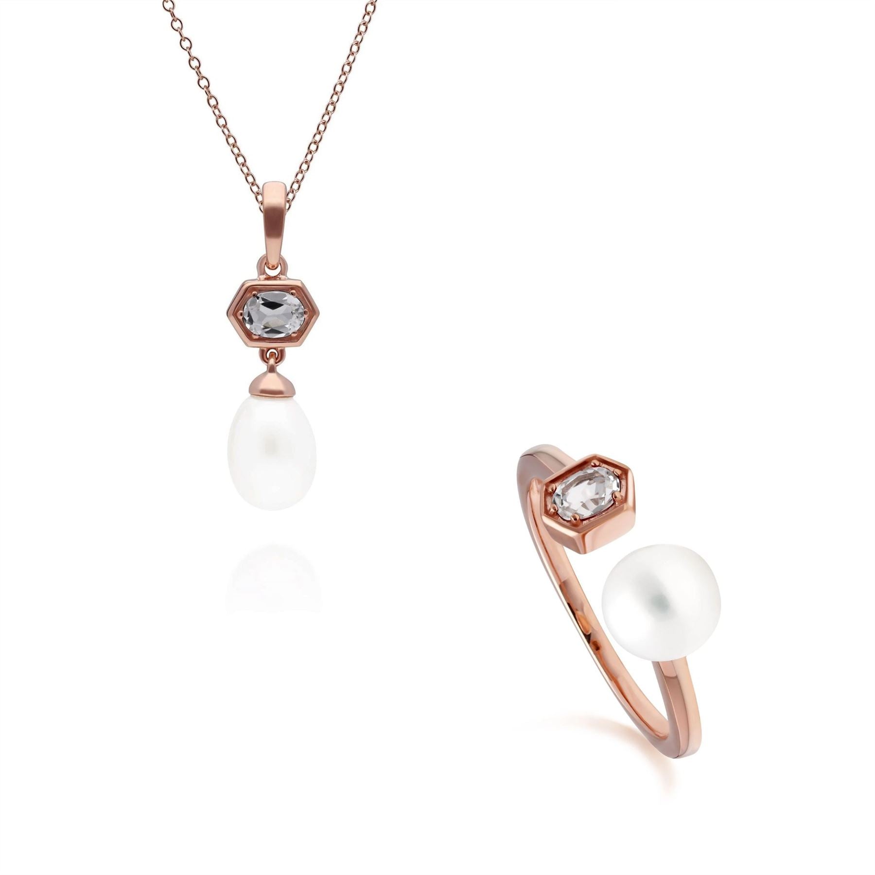 Modern Pearl & Tanzanite Pendant & Ring Set in Rose Gold Plated Sterling Silver