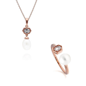 Modern Pearl & Tanzanite Pendant & Ring Set in Rose Gold Plated Sterling Silver
