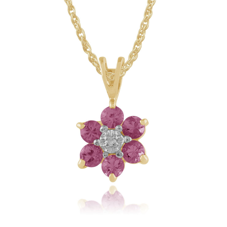 Ciondolo e orecchini floreali in oro giallo 375 con zaffiro rosa e diamanti