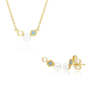 Modern Pearl & Blue Topaz Necklace & Earring Set in 9ct Yellow Gold