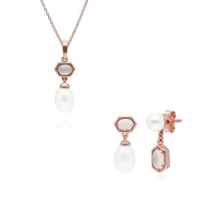Modern Pearl & Opal Pendant & Earring Set in Rose Gold