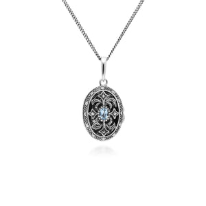 Art Nouveau Style Oval Aquamarine & Marcasite Locket Necklace in 925 Sterling Silver
