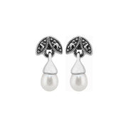 Collana e orecchini con bottone a foglia in stile Art Déco Argento 925 Perla e marcasite
