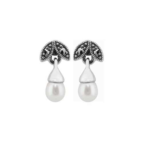 Collana e orecchini con bottone a foglia in stile Art Déco Argento 925 Perla e marcasite