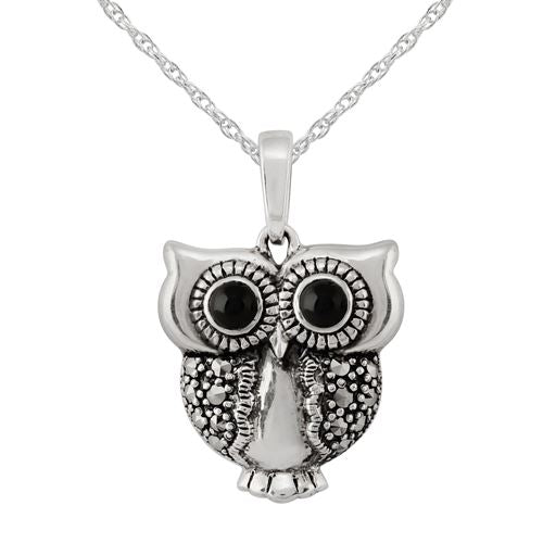Ciondolo Gufo in Argento 925, Onice Nero e Marcasite