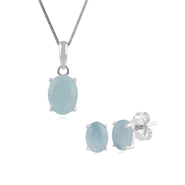 Classici orecchini ovali  e pendente collana con acquamarina opaca in argento 925