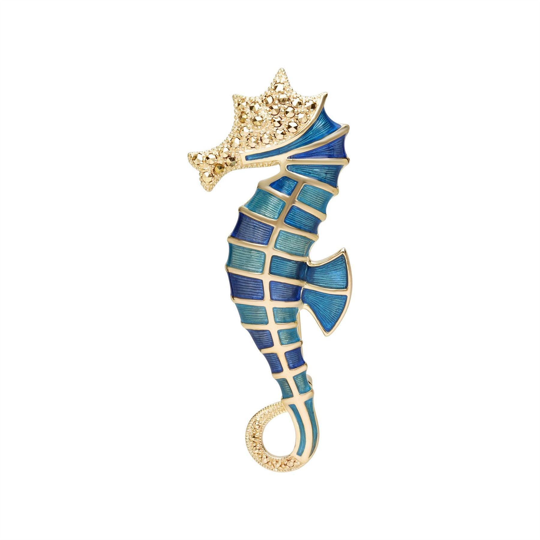 Marcasite & Enamel Seahorse Brooch in 18ct Gold Plated Silver